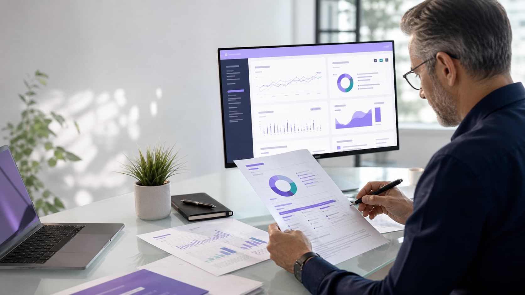 SEO-Berater prüft einen Audit-Report neben einem abstrakten Analyse-Dashboard