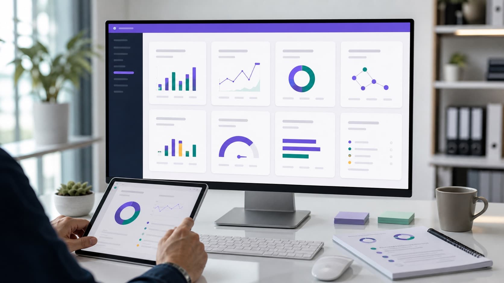 Abstraktes Dashboard mit mehreren SEO-Audit-Modulen auf Monitor und Tablet