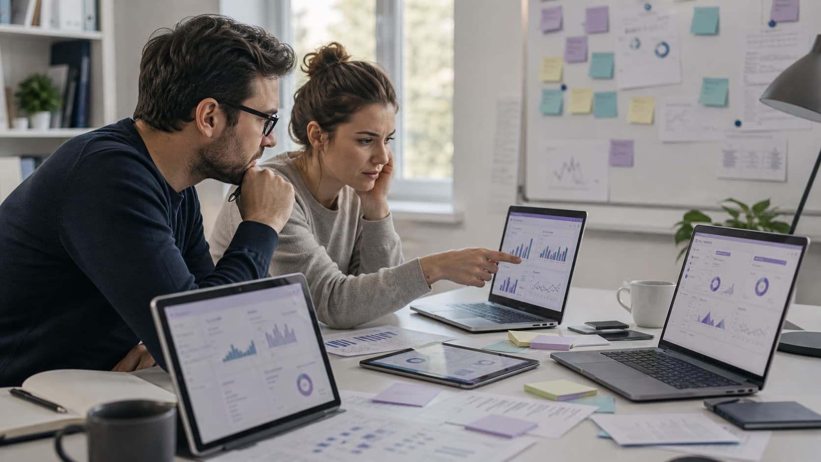 Agenturteam vergleicht mehrere abstrakte SEO-Dashboards an einem Schreibtisch